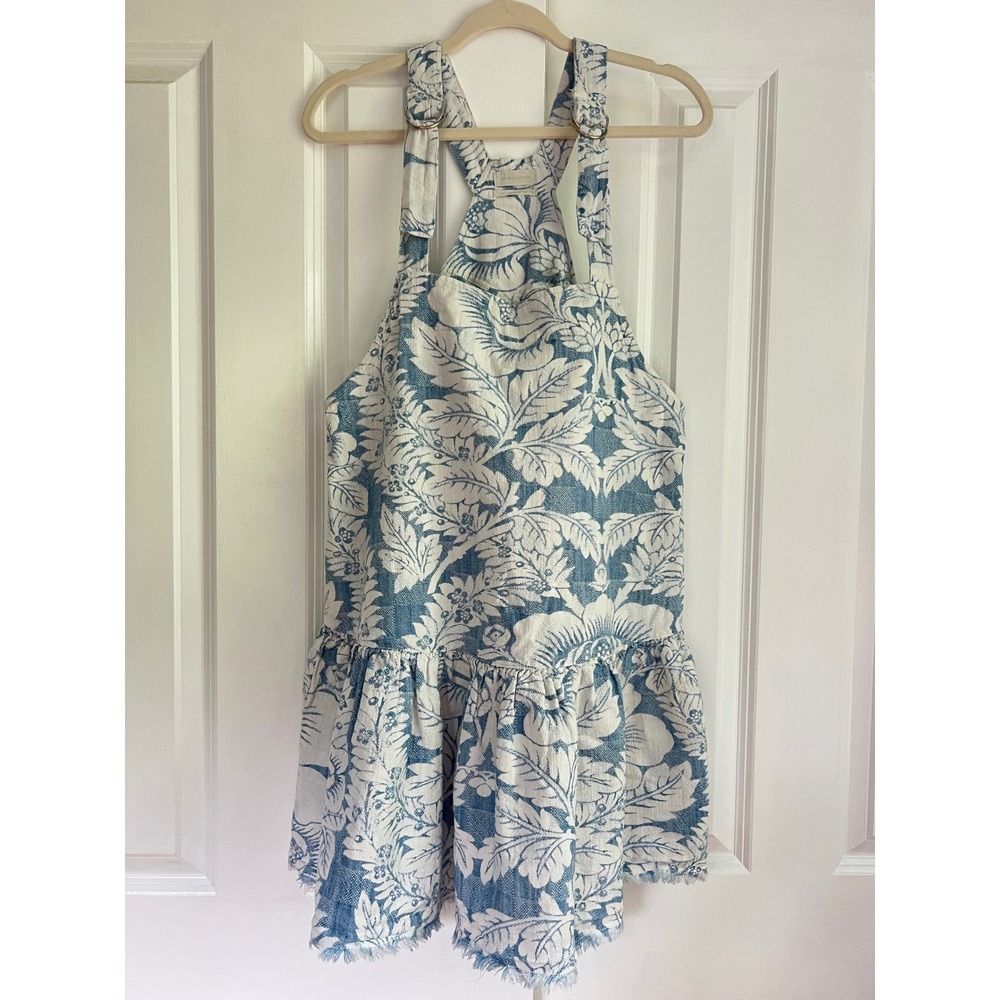 Urban Outfitters Blue White Floral Tapestry‎ Pinafore Overall Mini Dress Size L